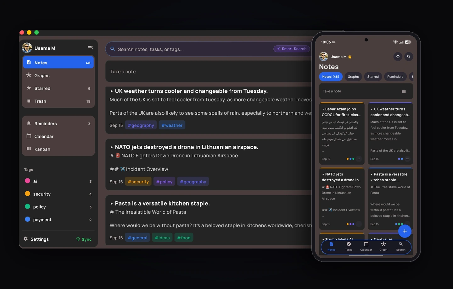 EpicNotes Mac and Android App Interface